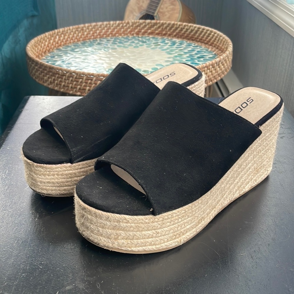 Black espadrille faux suede wedge slip on sandal